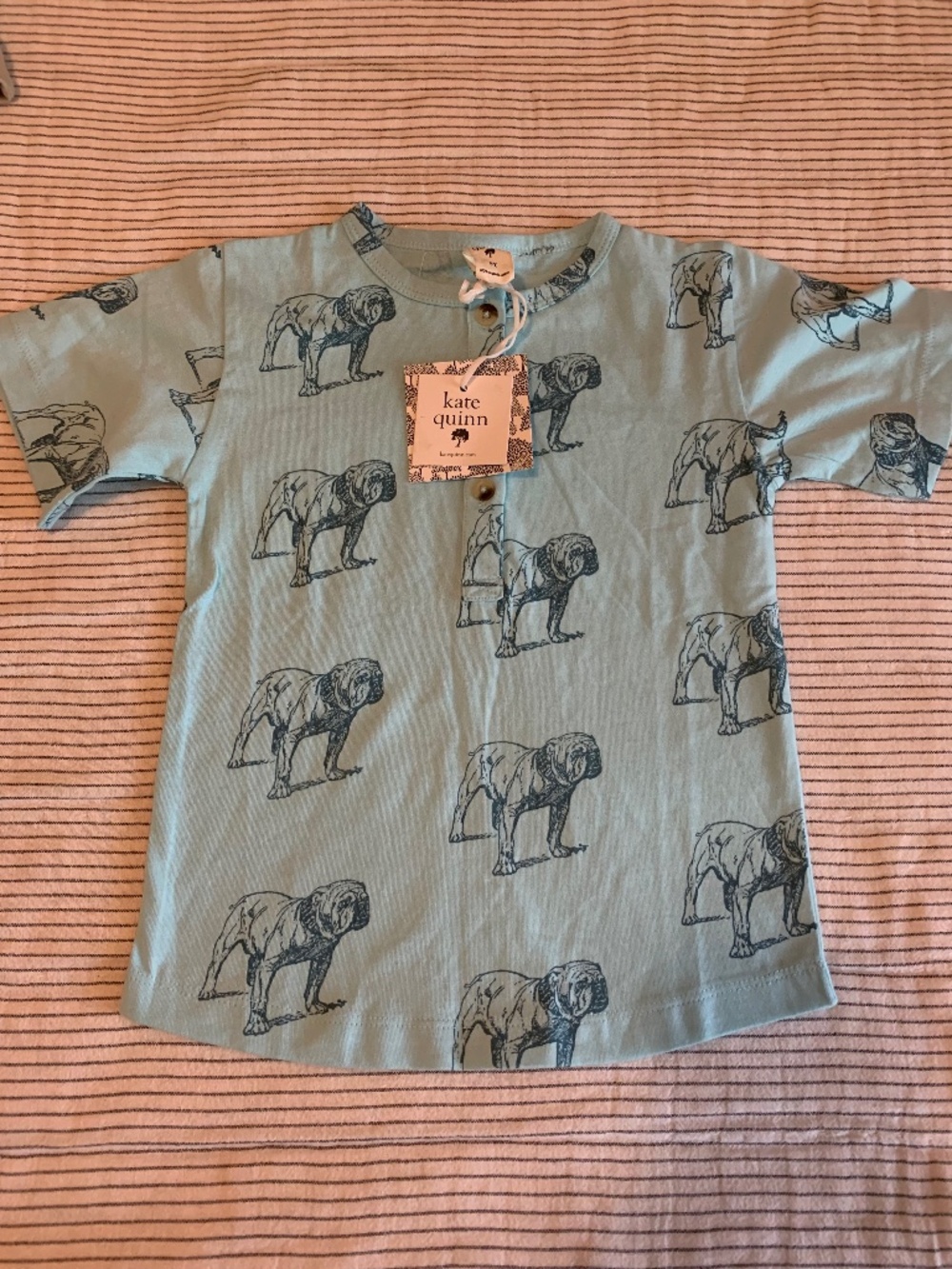 kate Quinn Organic 100% Cotton Light Blue Henley Tee Bulldogs NWT | 5Y
